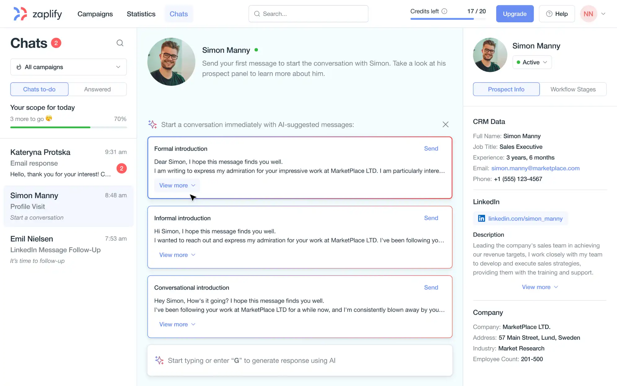 Zaplify's AI-suggested messages before redesign