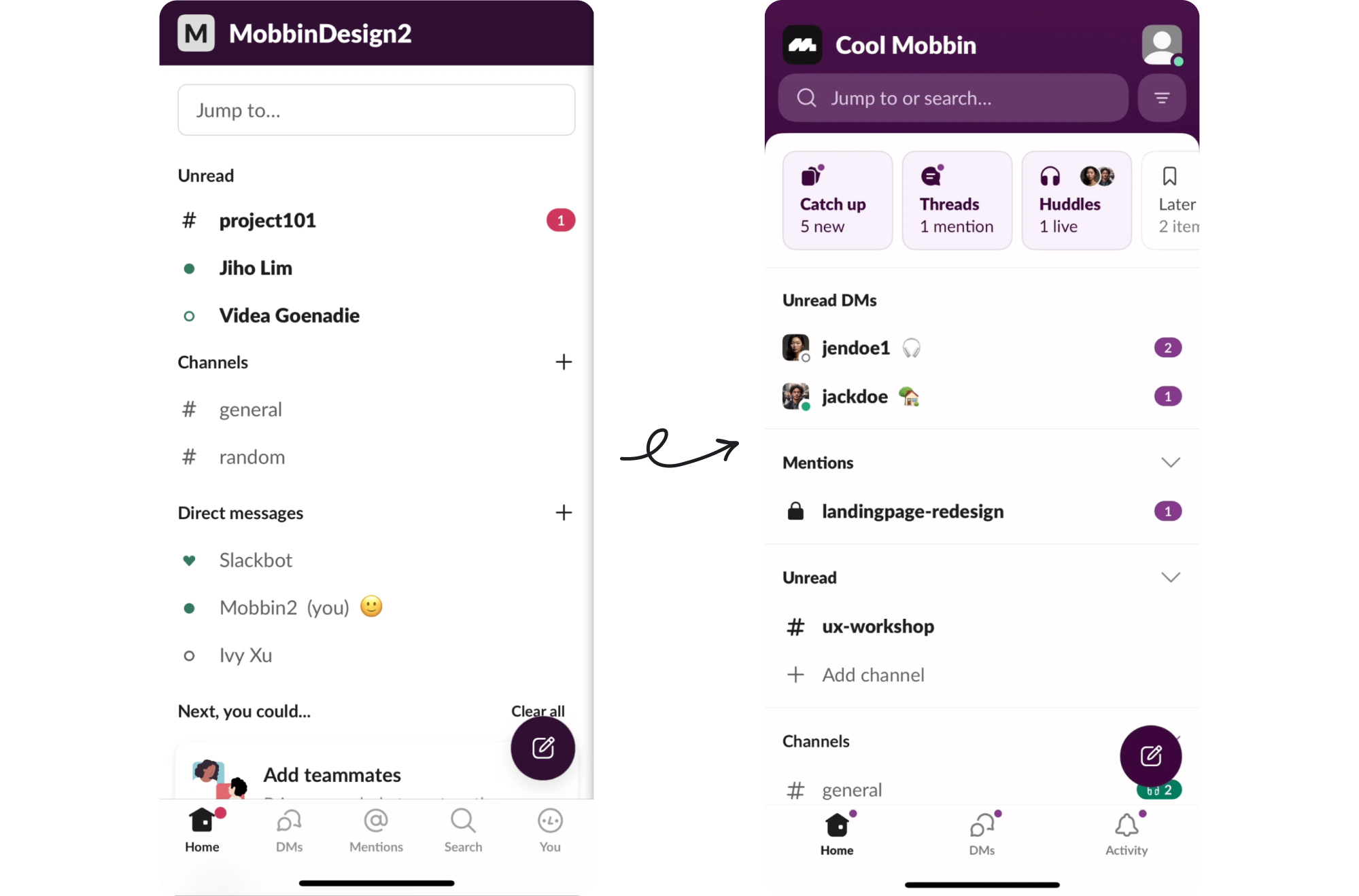 Slack’s reorganized nav bar and filtering options