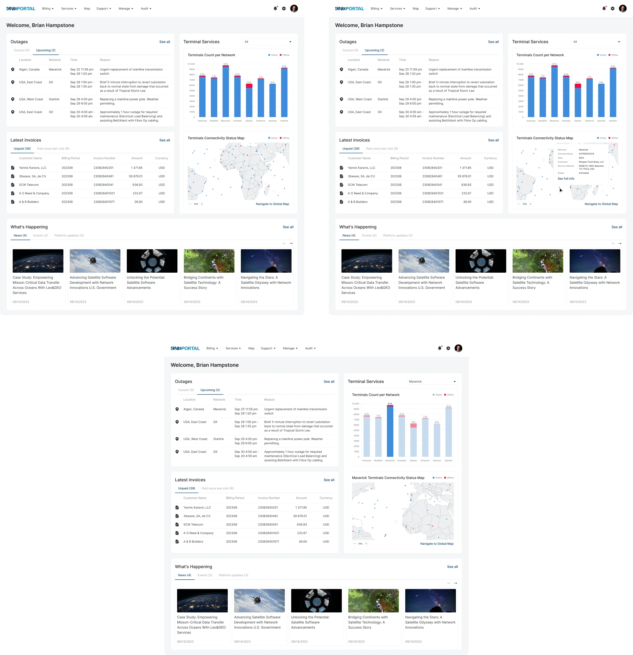 Different variations of the Home page after