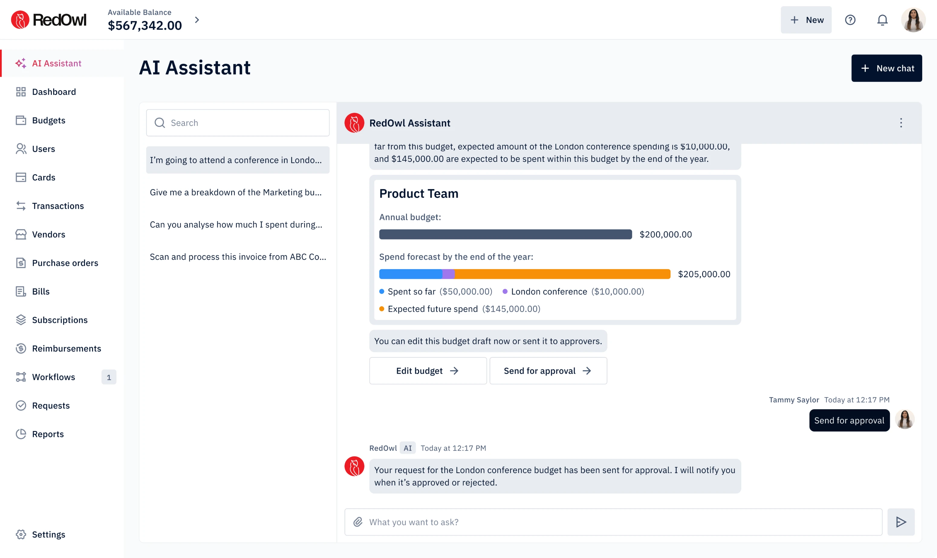Budget approval flow for an employee for RedOwl