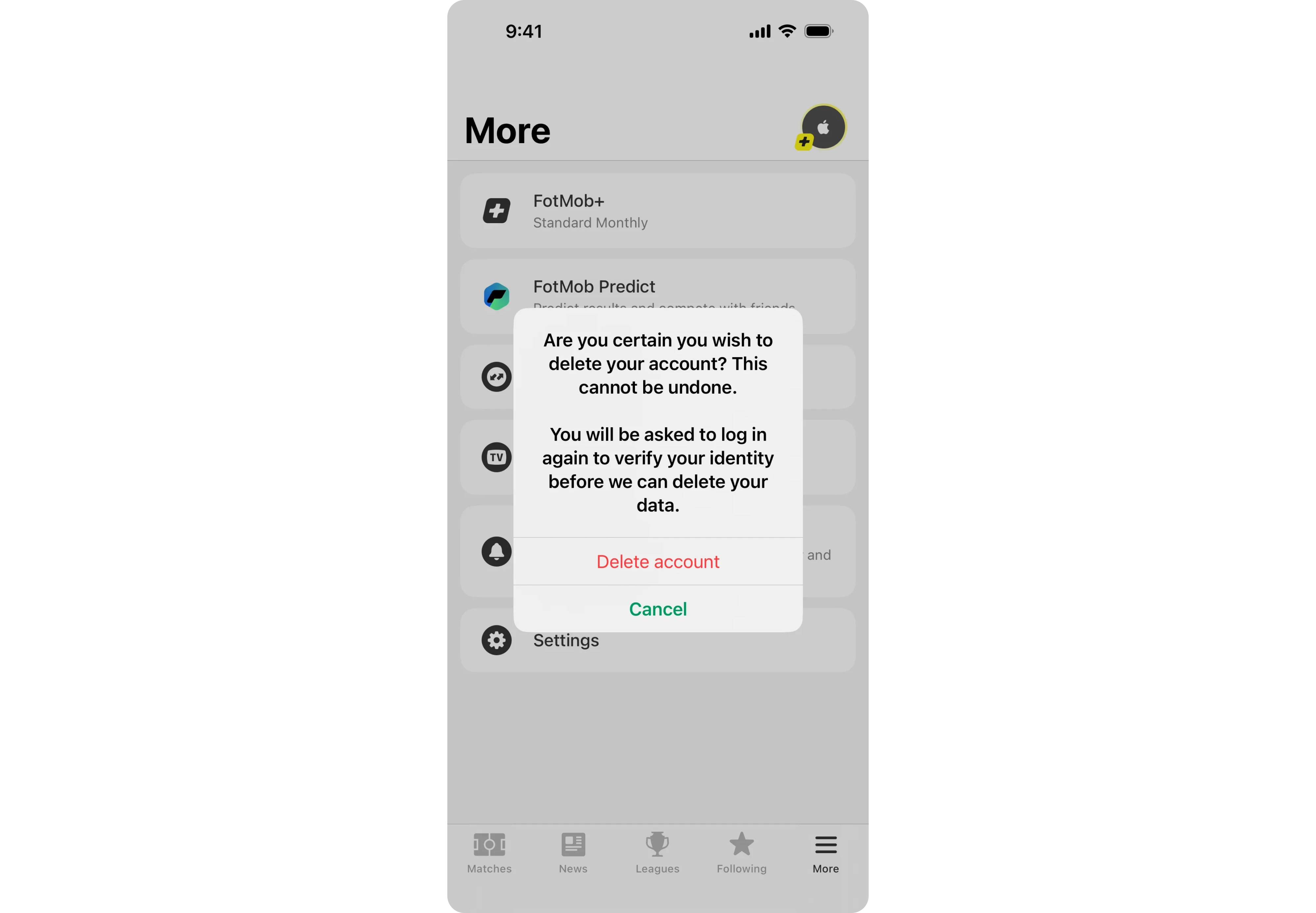 Delete account button