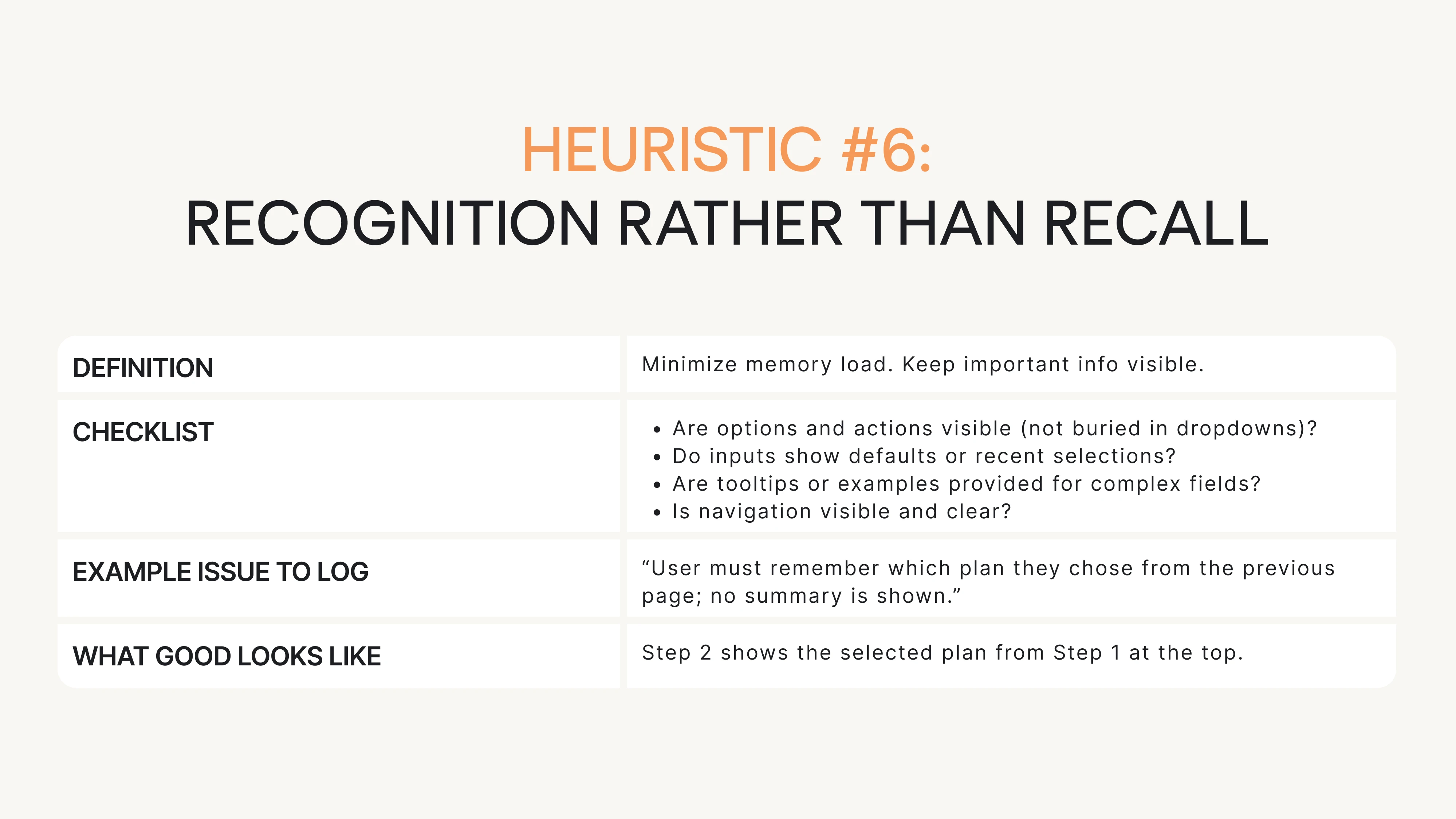 Questions for heuristic #6