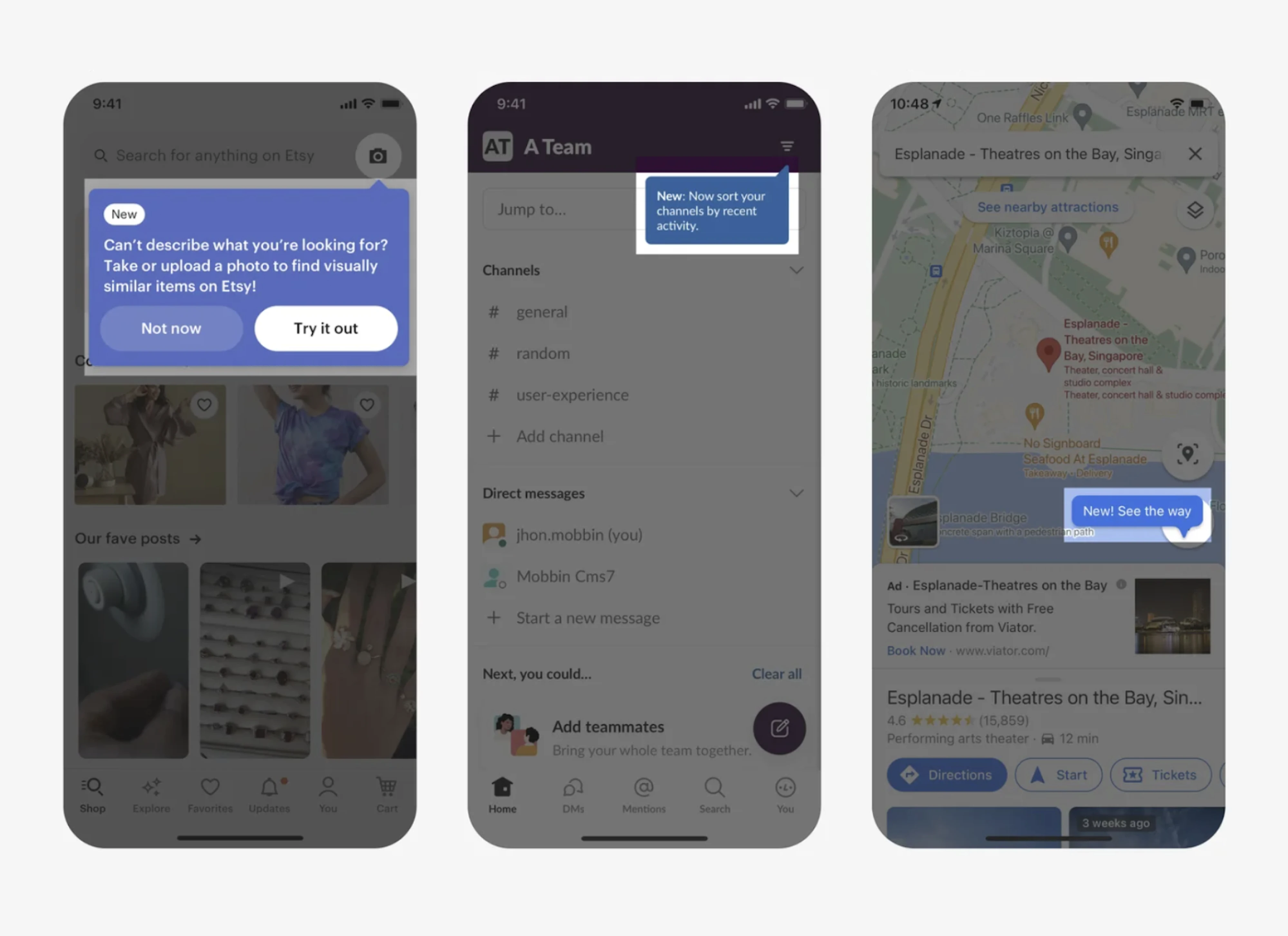 Examples of contextual tooltips in Etsy, Slack and GoogleMaps