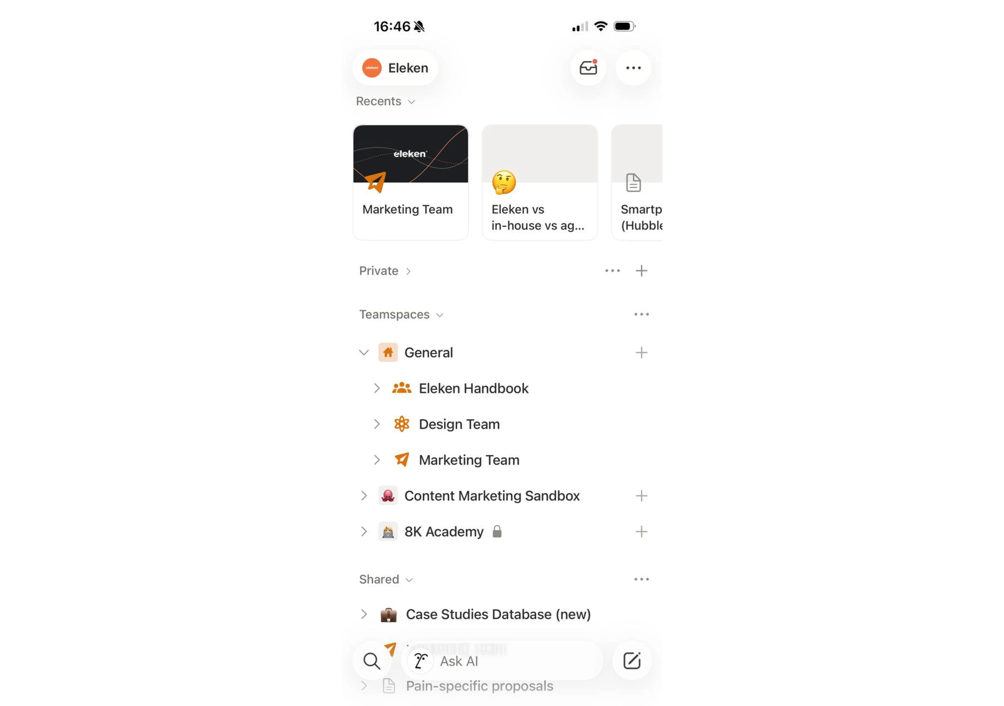 notion mobile app UI design example of a clear navigation menu