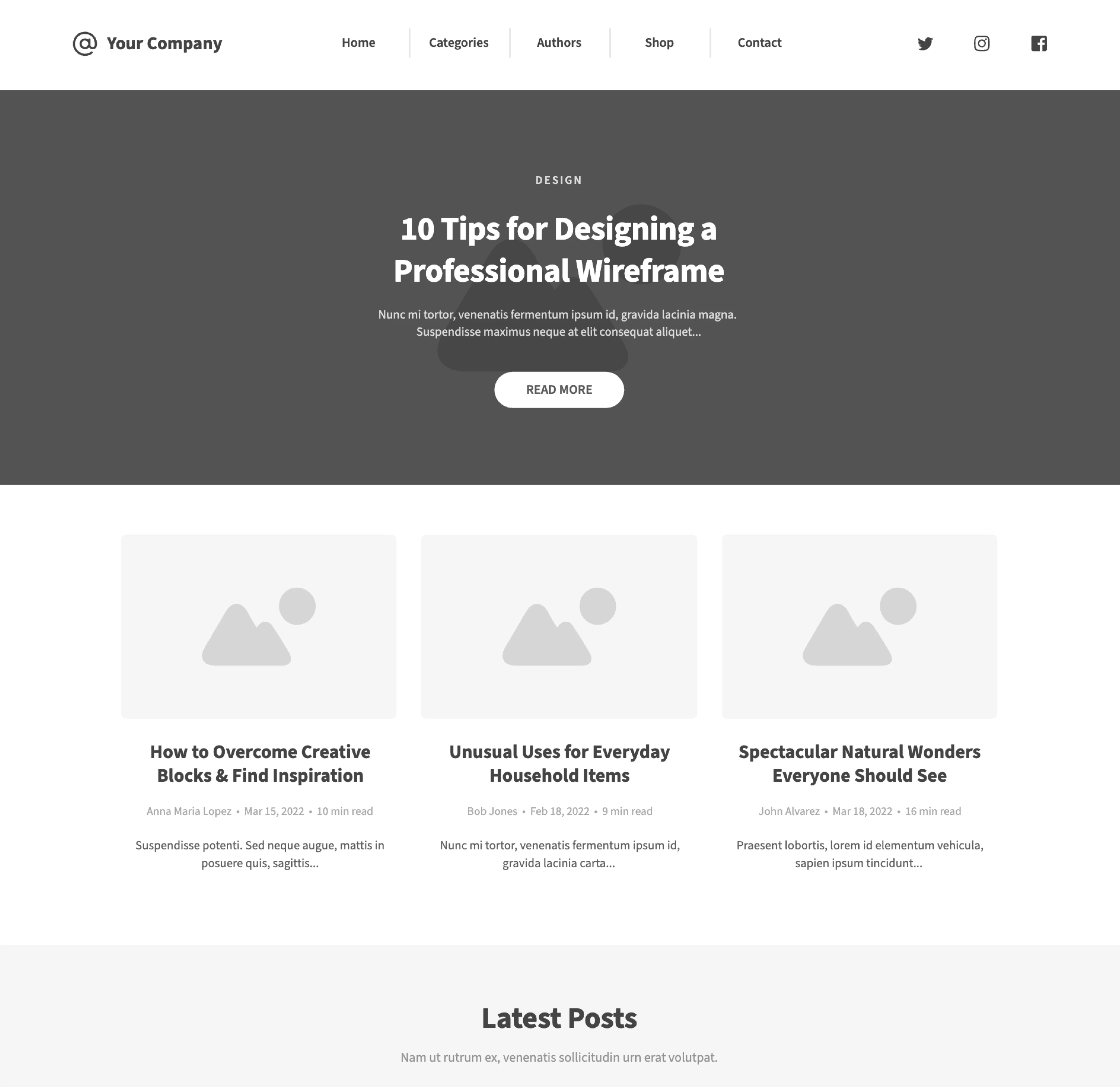 Blog page wireframe template