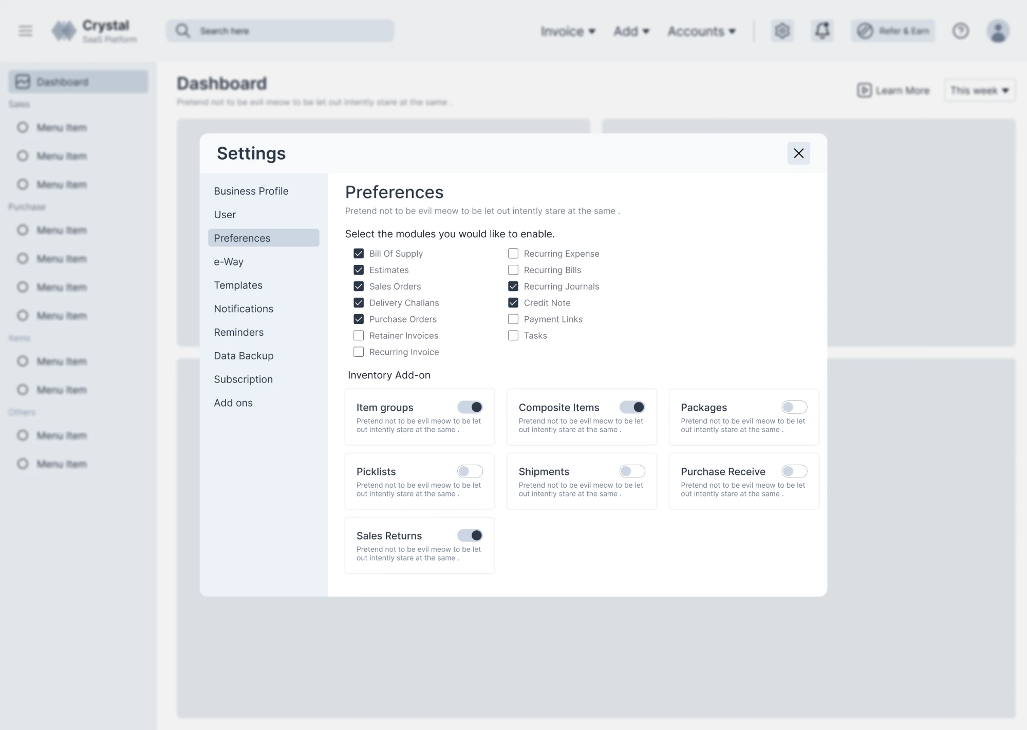 Settings page wireframe template