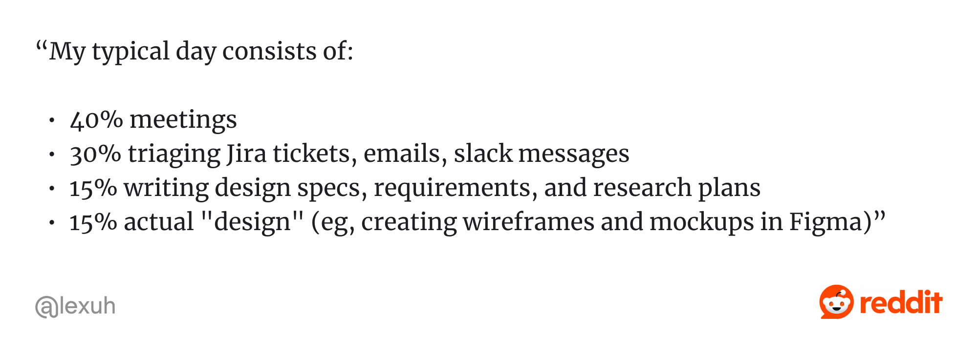 Comment on Reddit about designer's work schedule