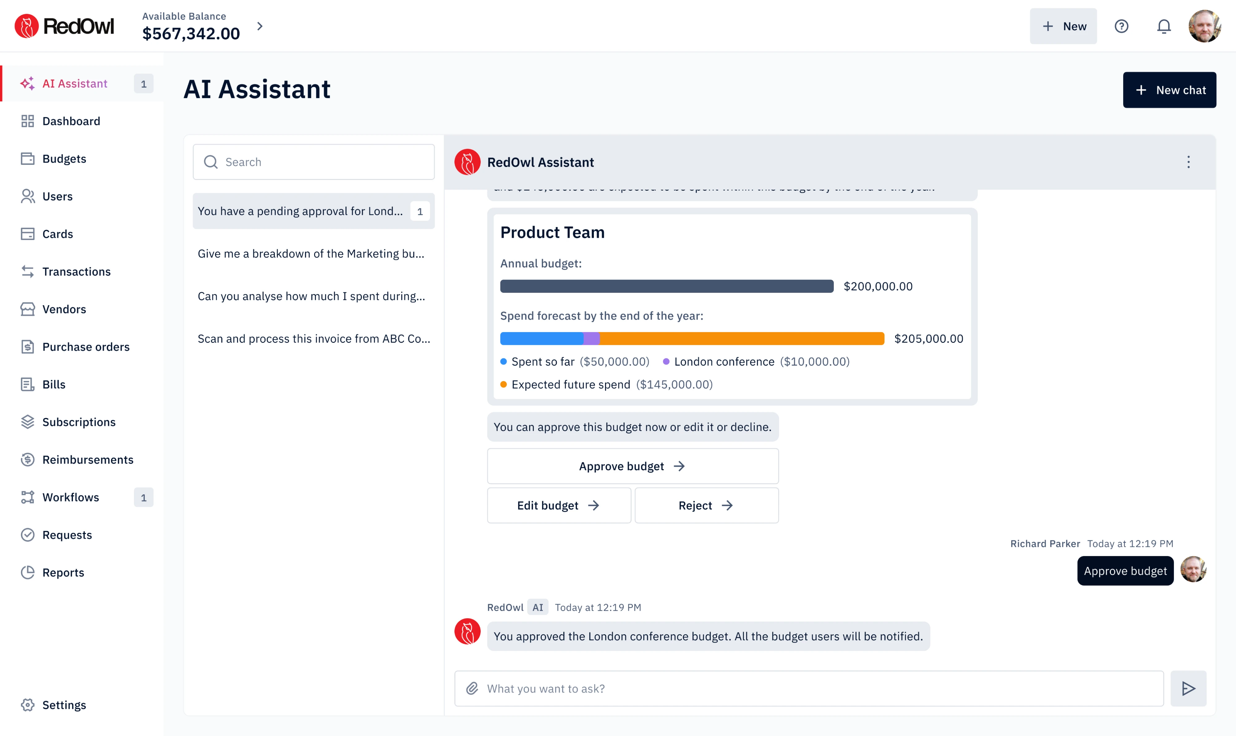 AI Assistant budget approval flow