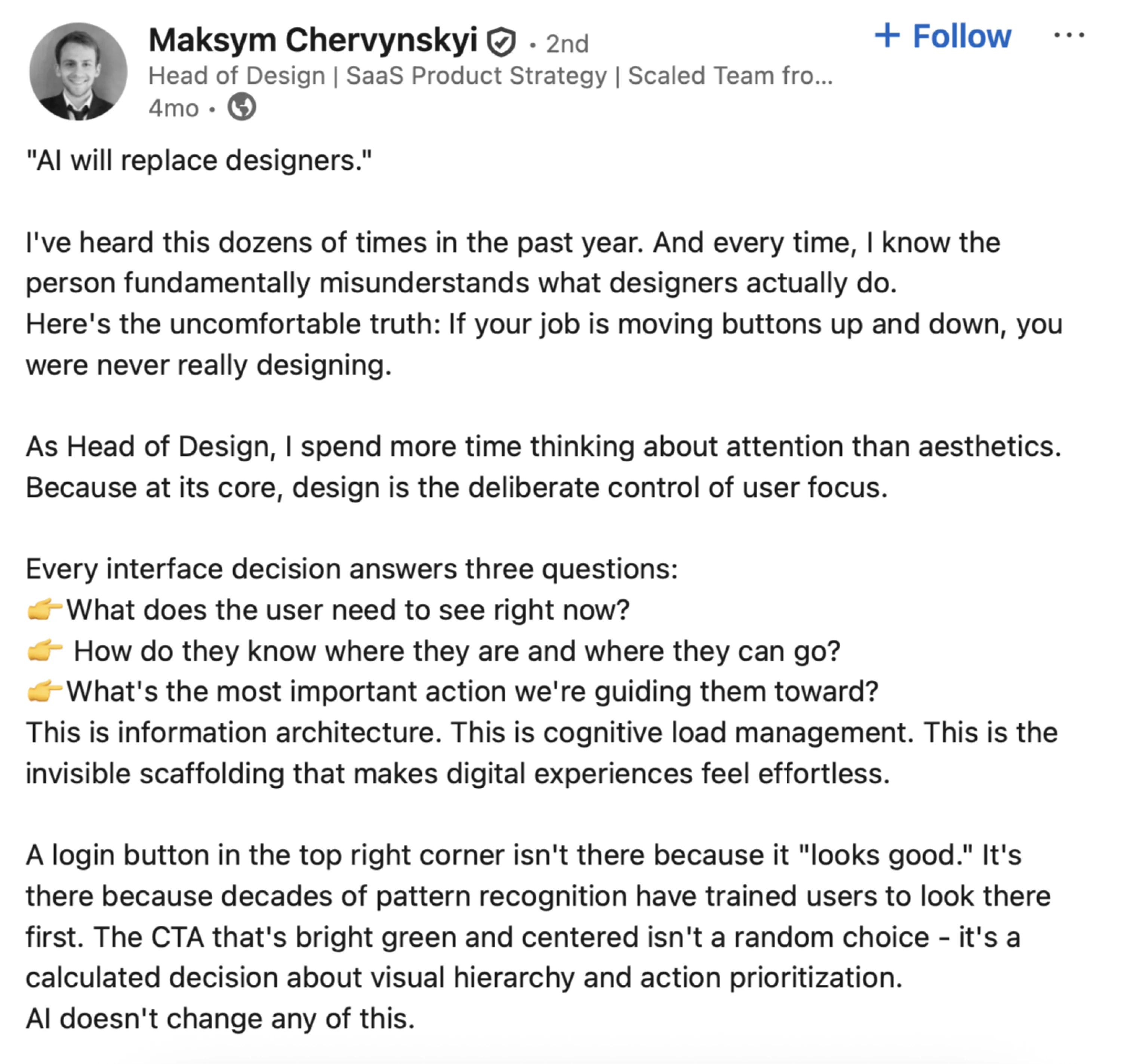  Eleken’s Head of Design, Maksym, post on LinkedIn