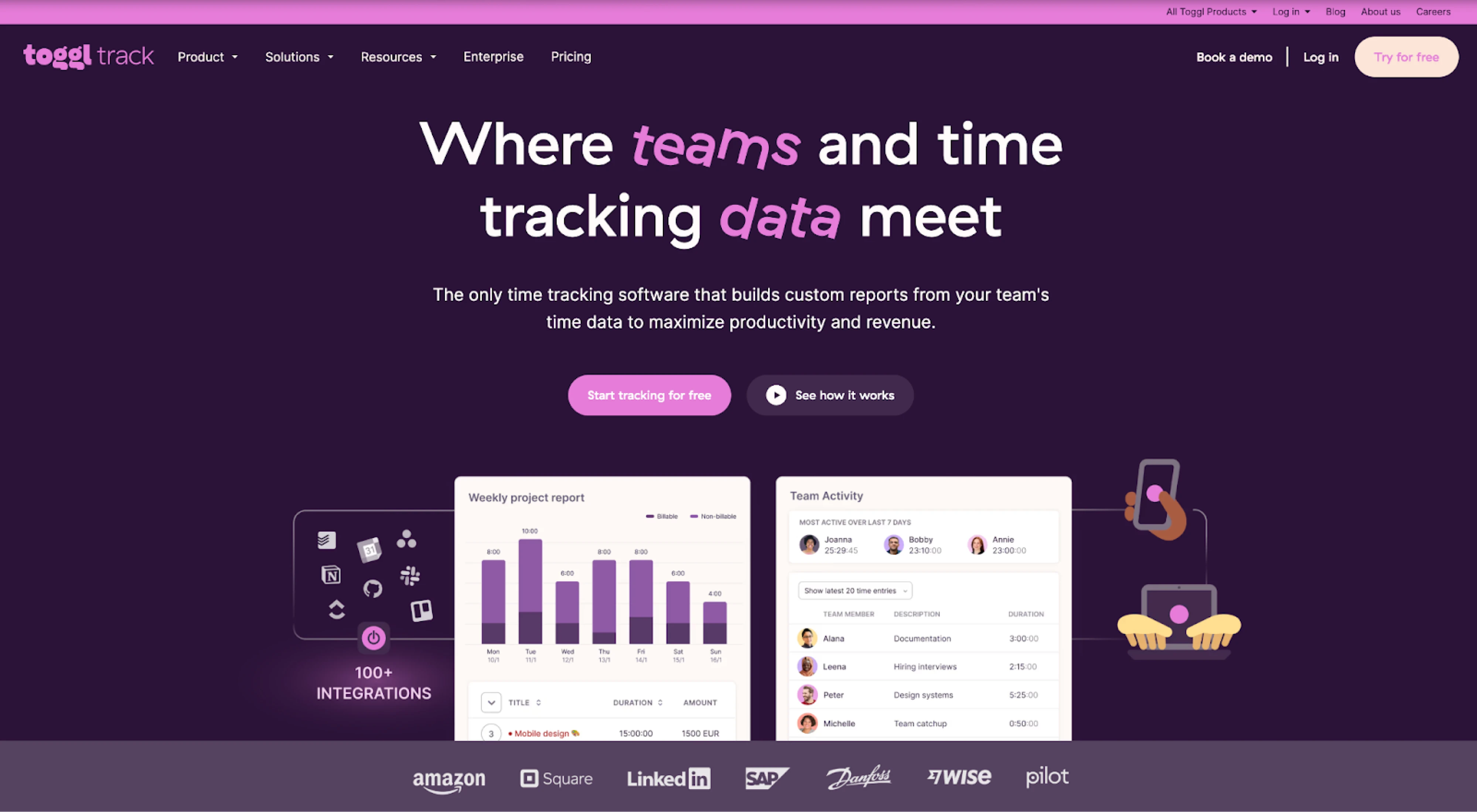 Toggl Track homepage layout