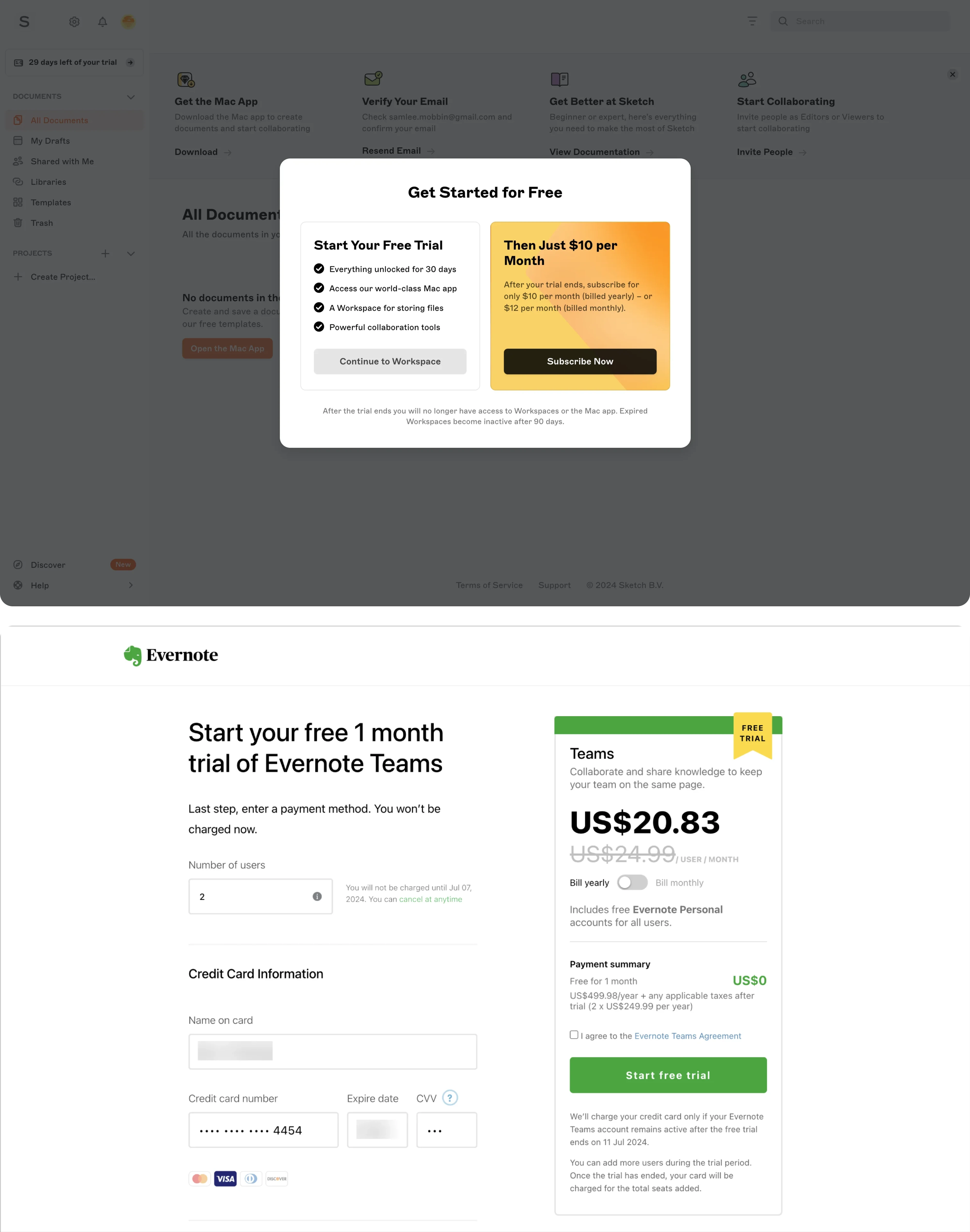Trial-focused paywall UI in Sketch and Evernote