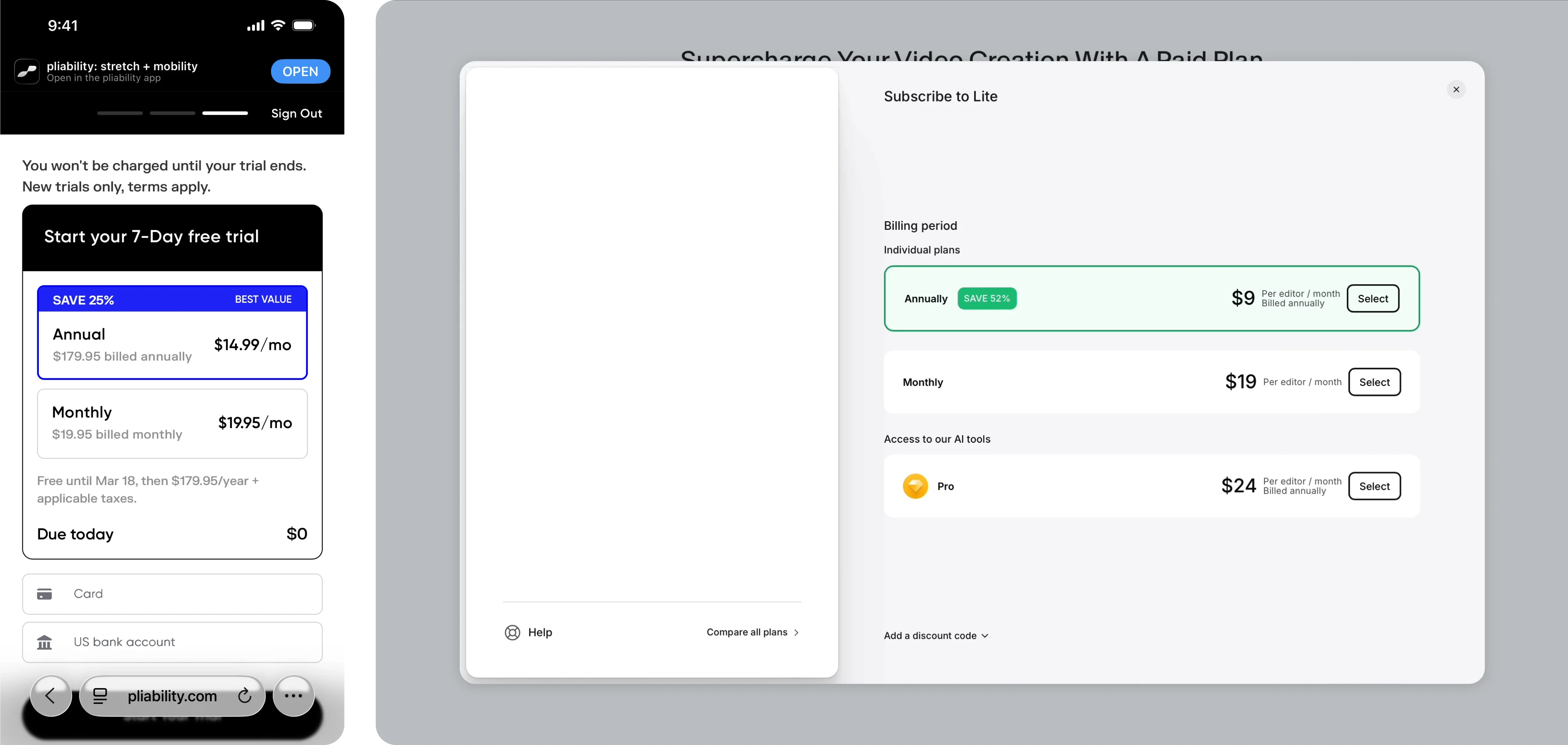 Paywall UI in pliablilty and Veed