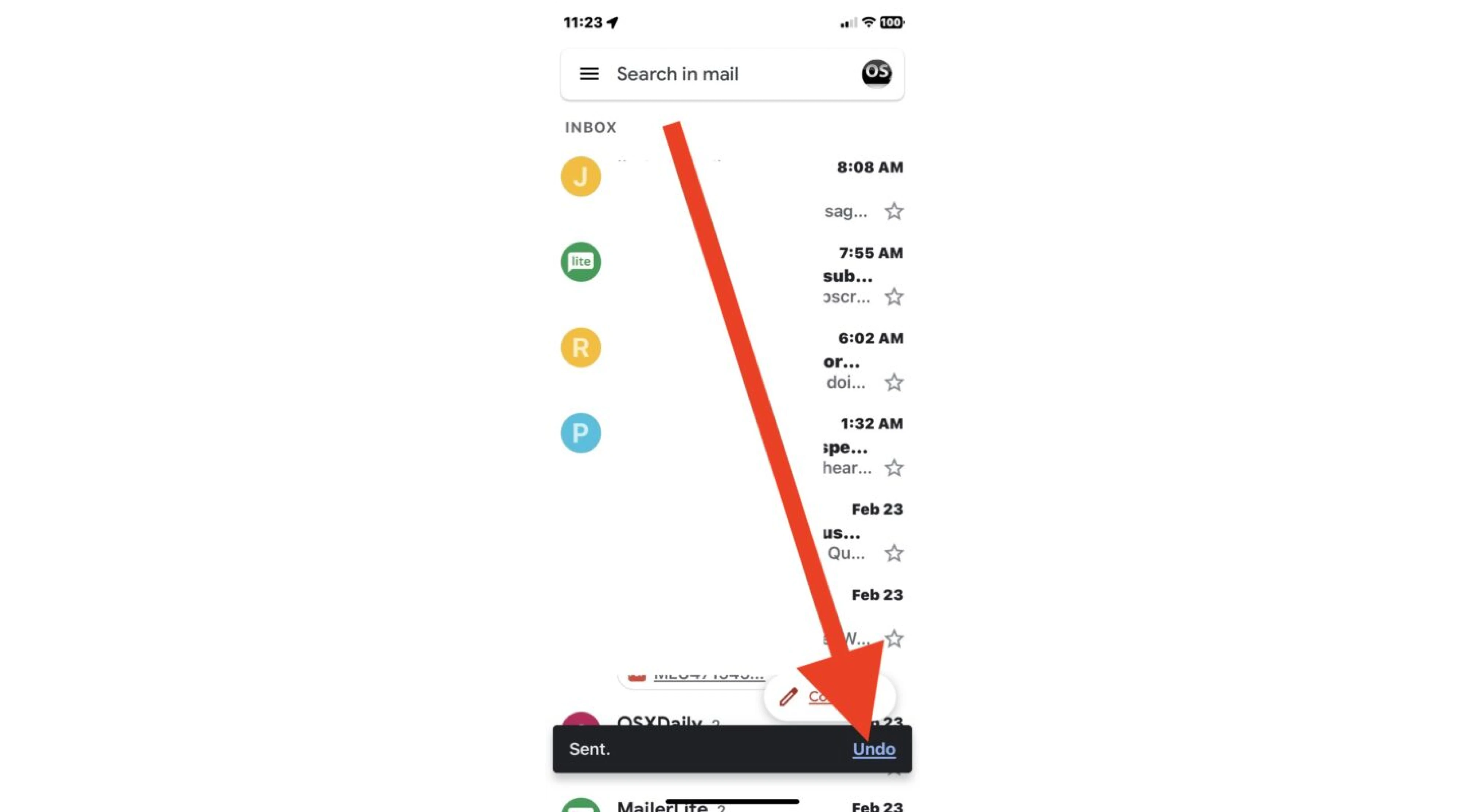 Gmail snackbar UI