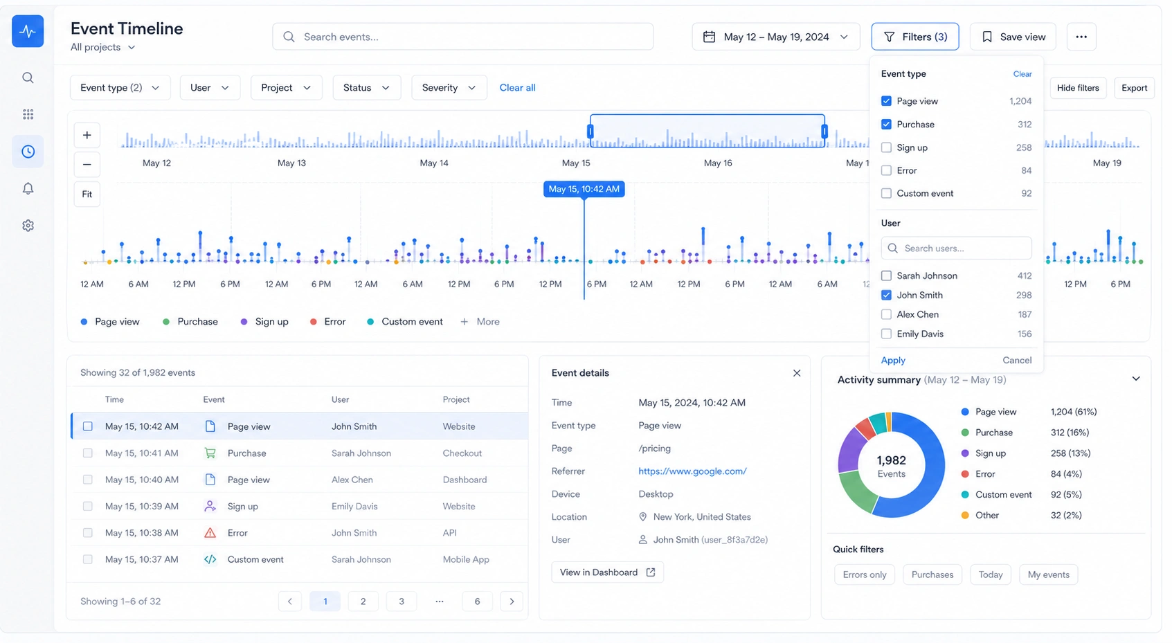 Filtering and search in timeline ui