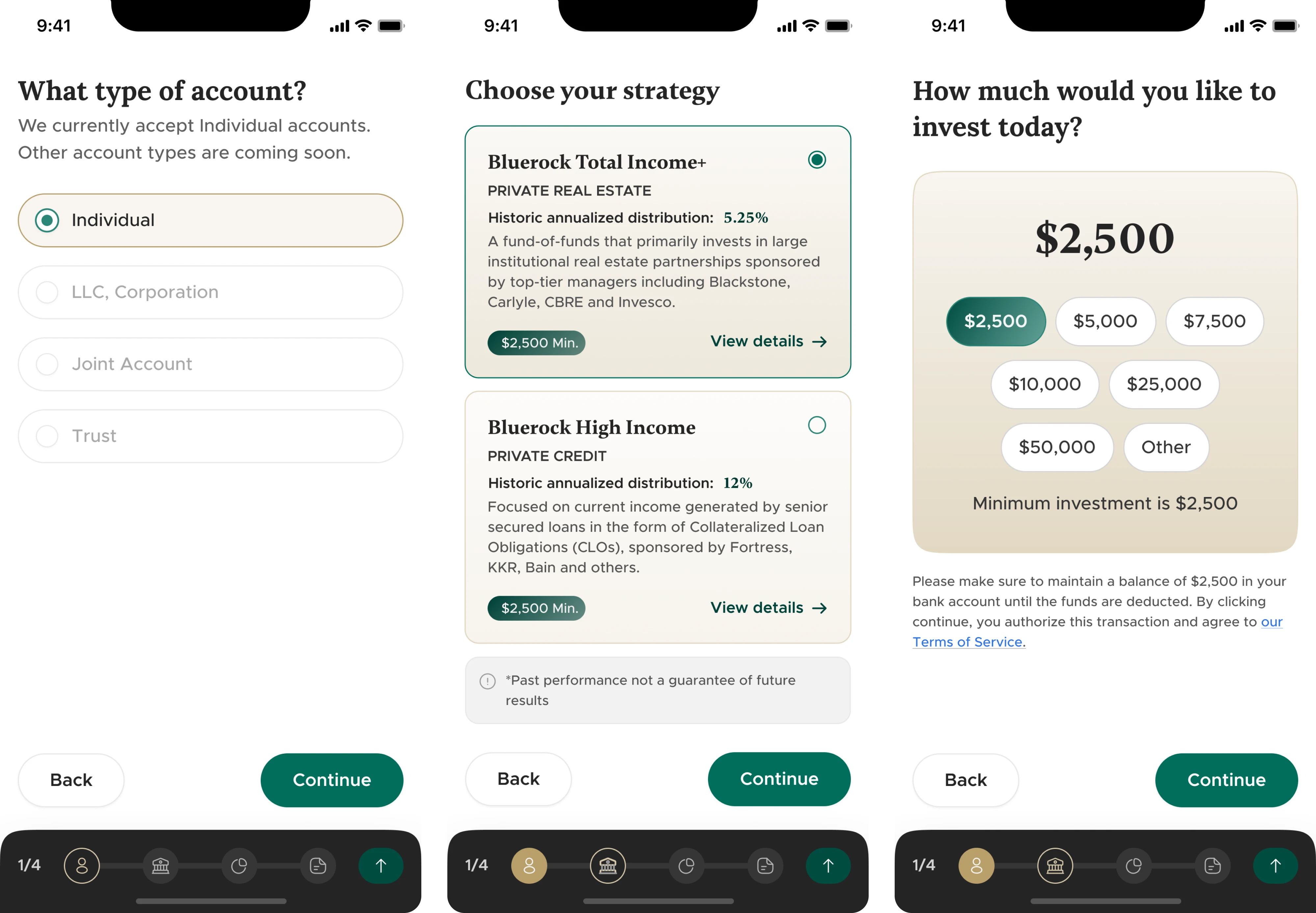 Alture Funds onboarding screens