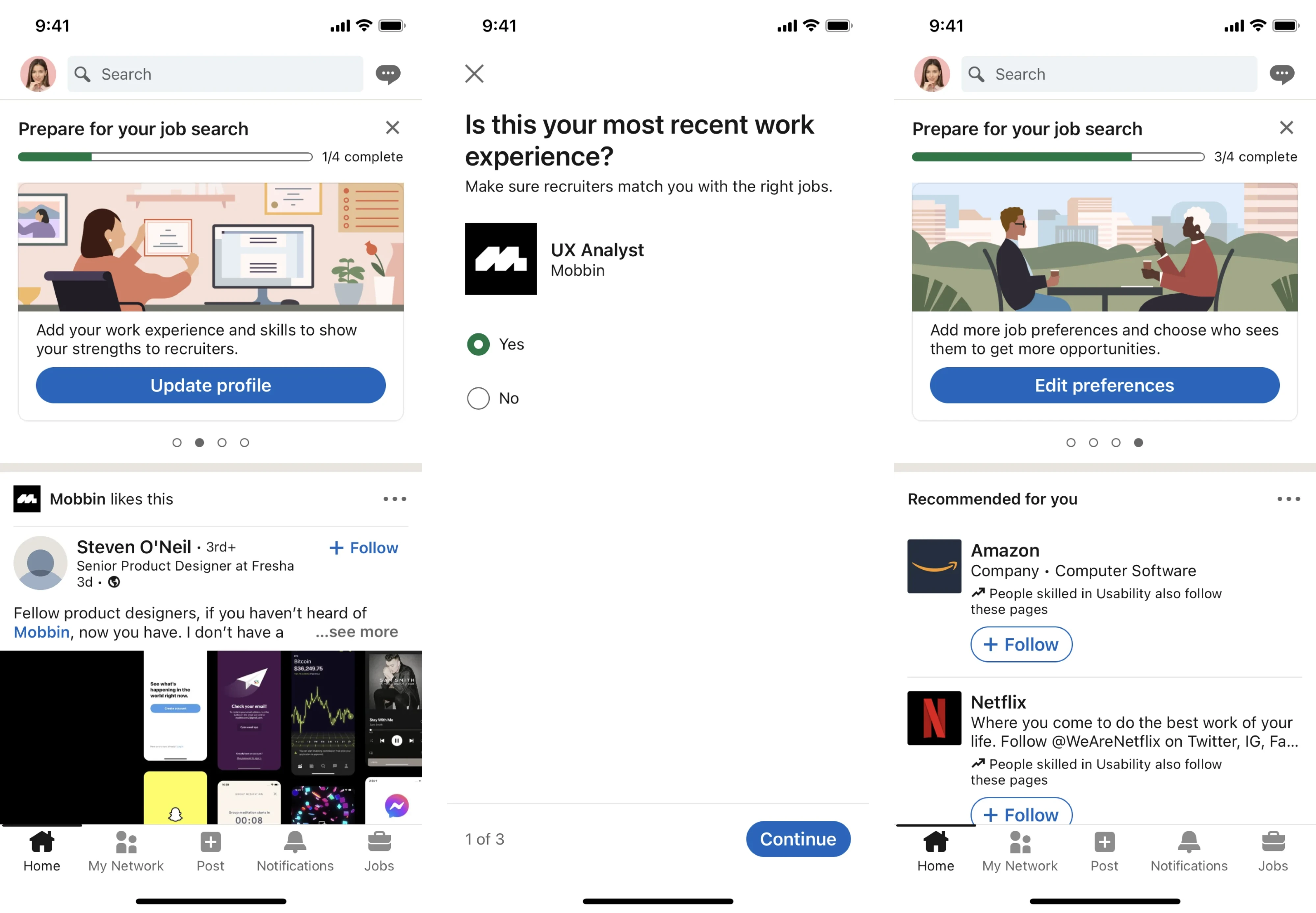 LinkedIn’s onboarding screens