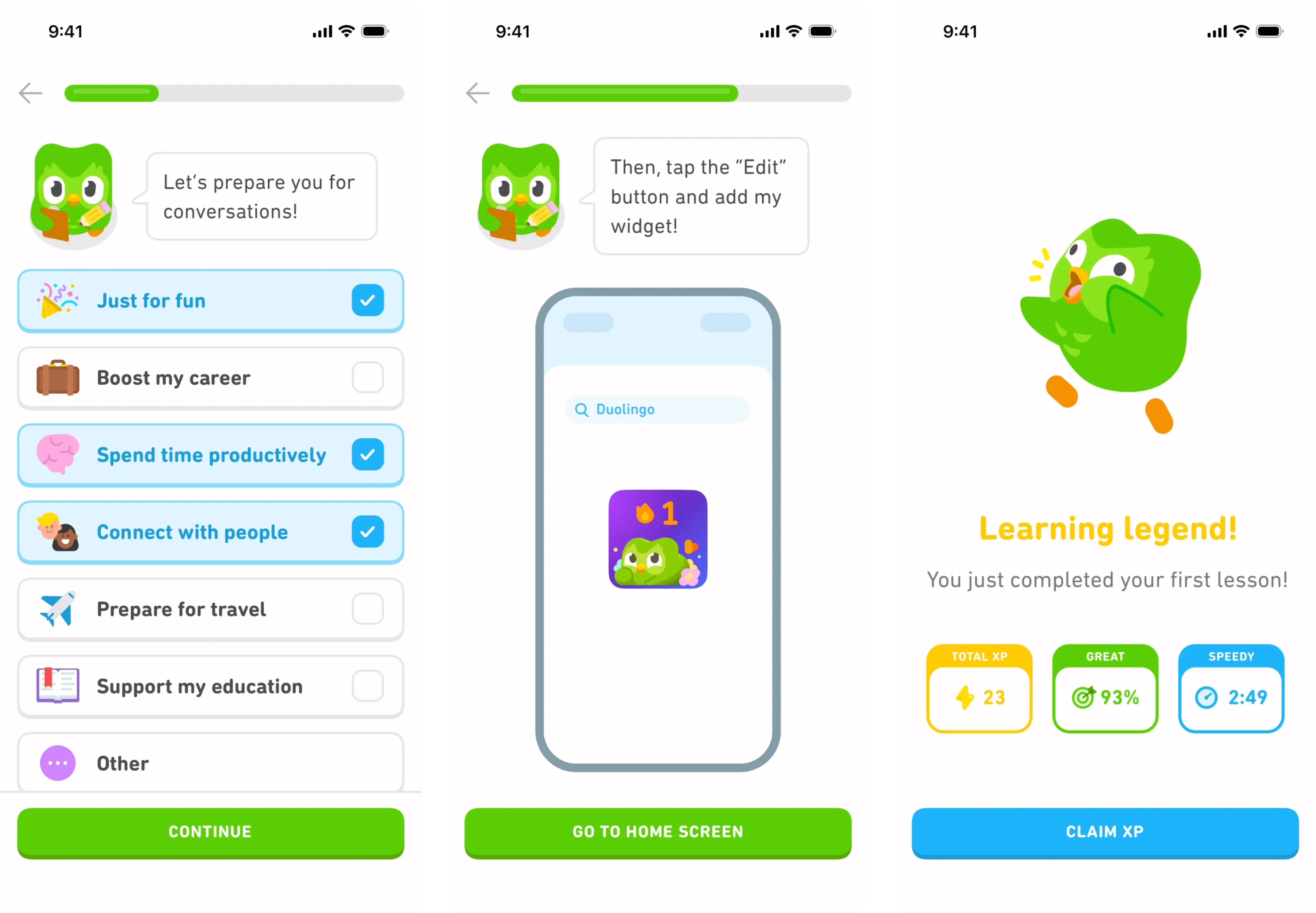 Duolingo’s onboarding screens