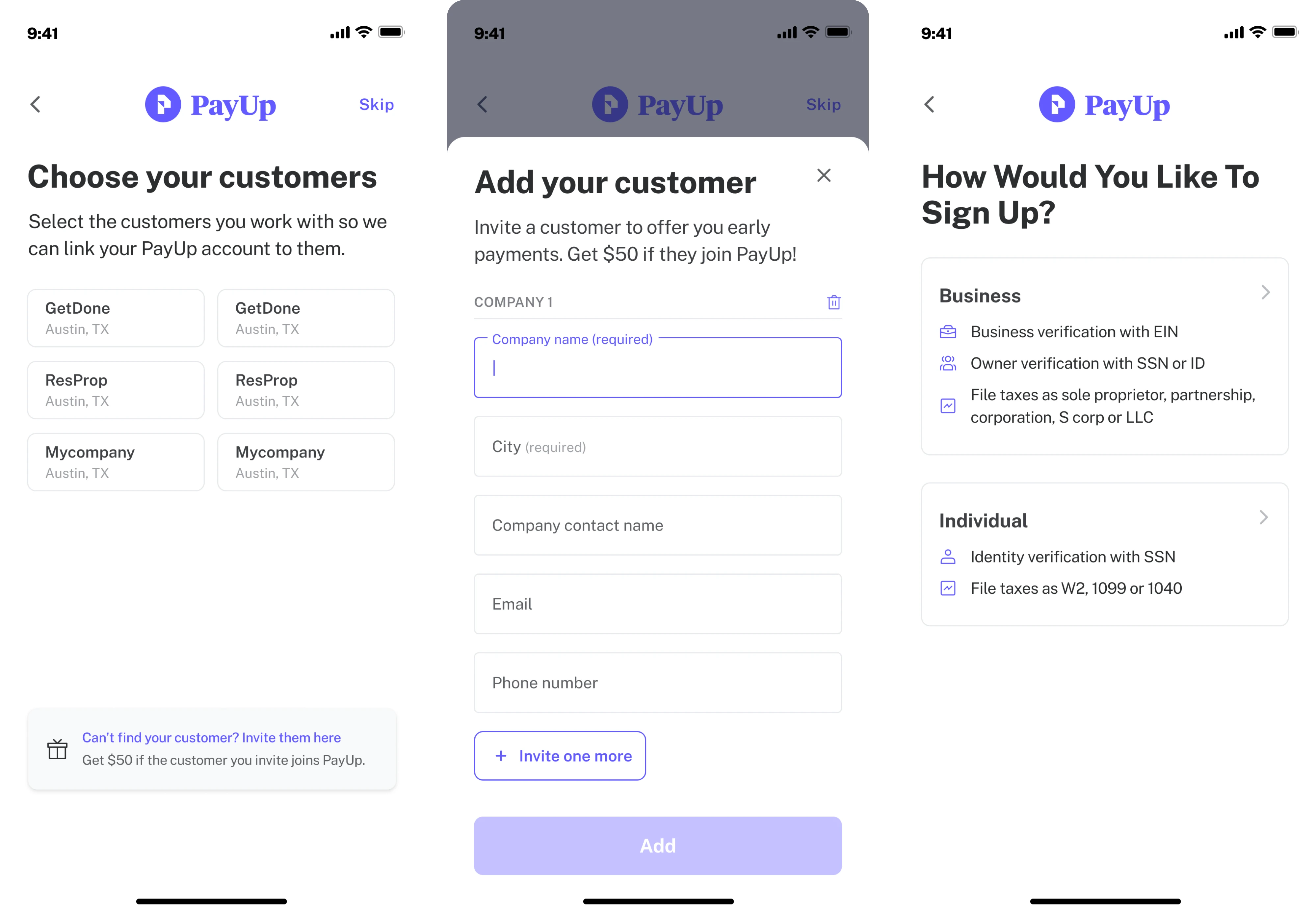 PayUp’s onboarding screens