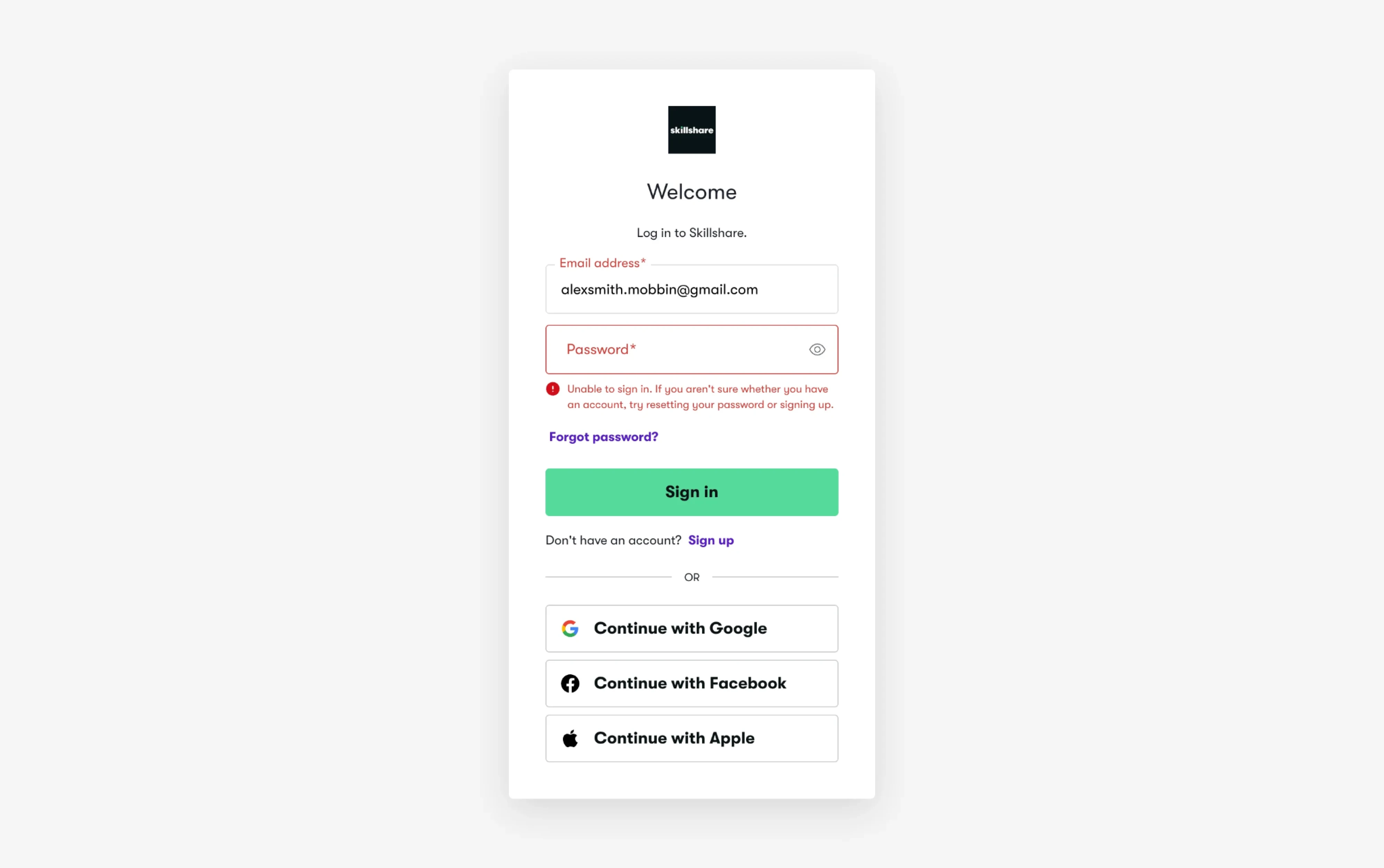 Login error message