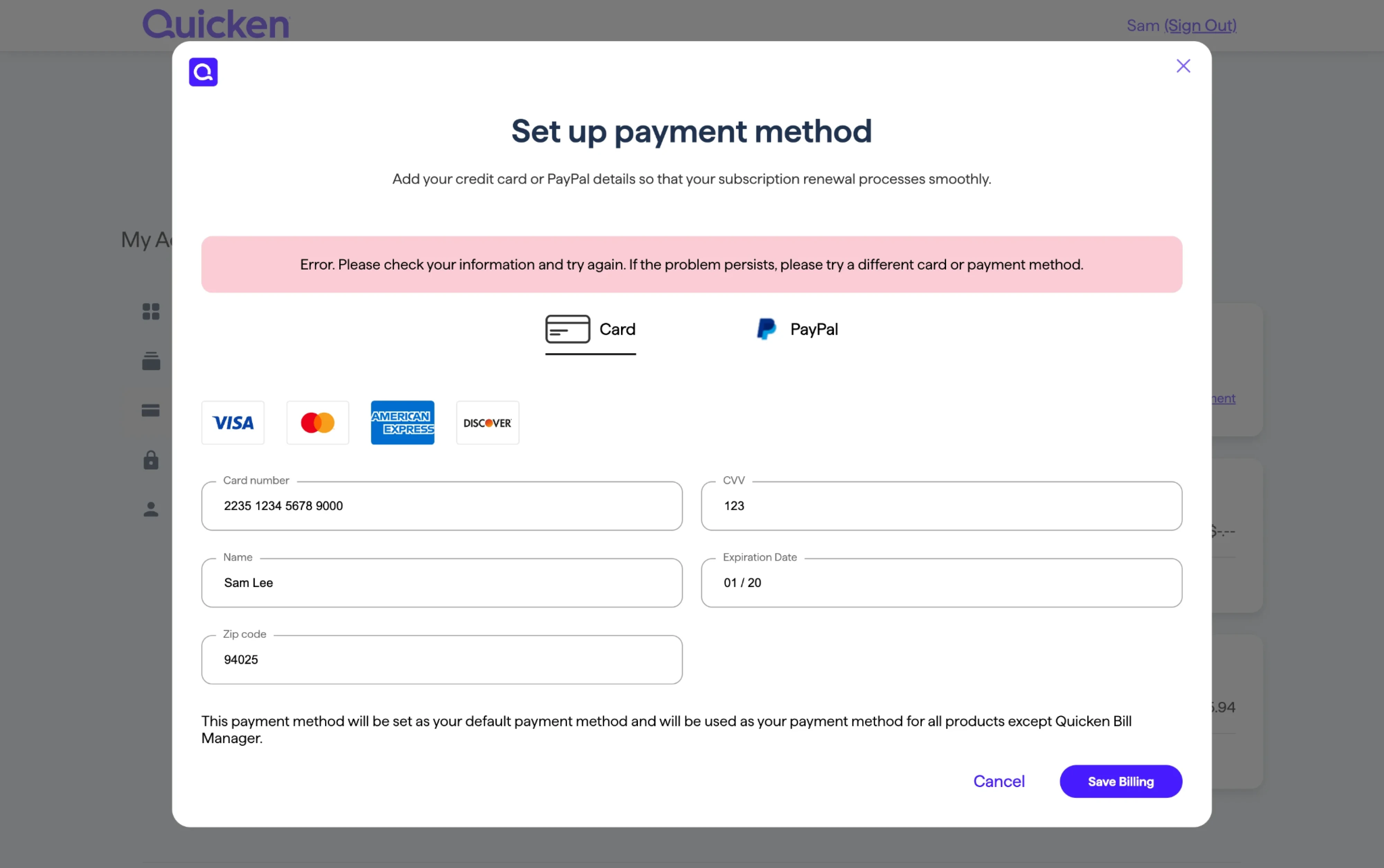 Payment failure message