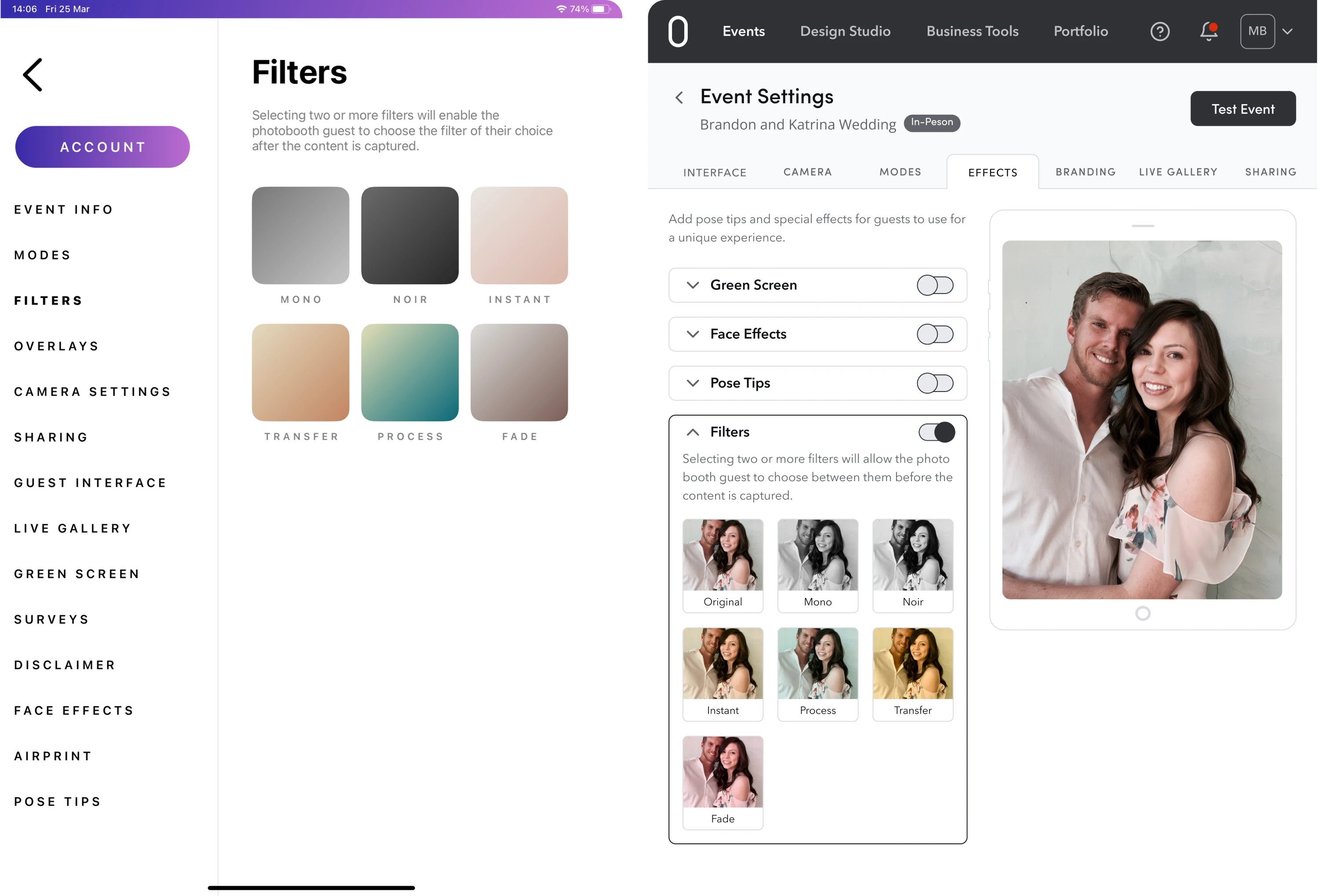 Photobooth Supply settings page before/after