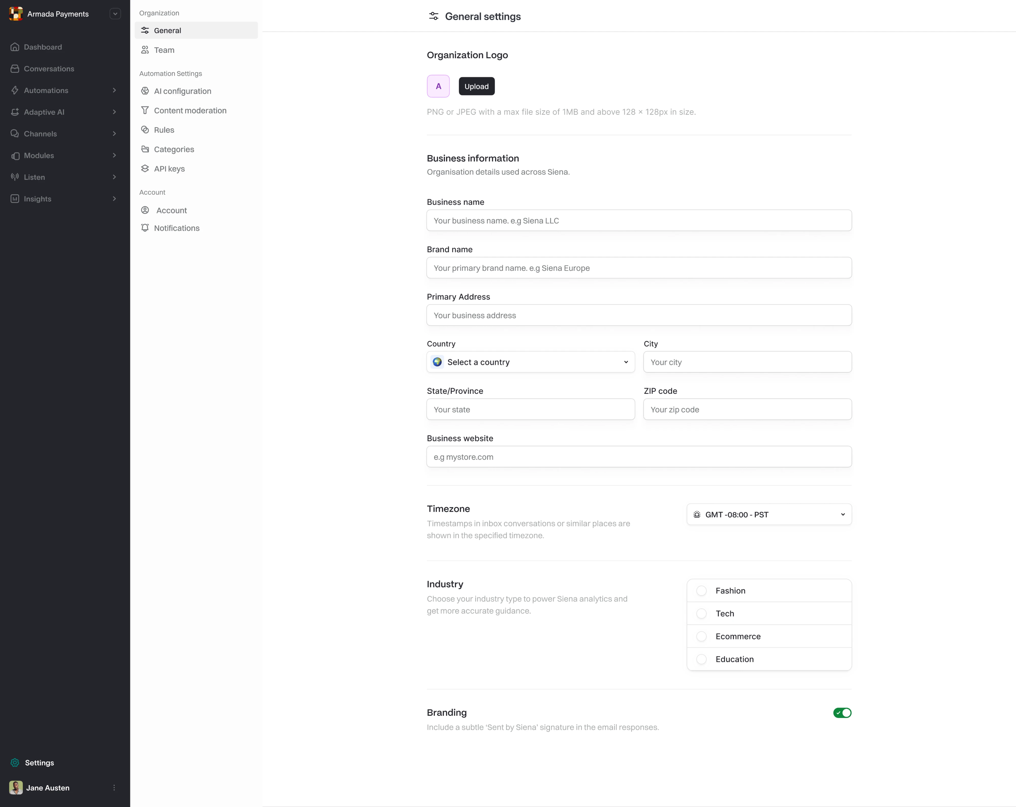 Siena settings page