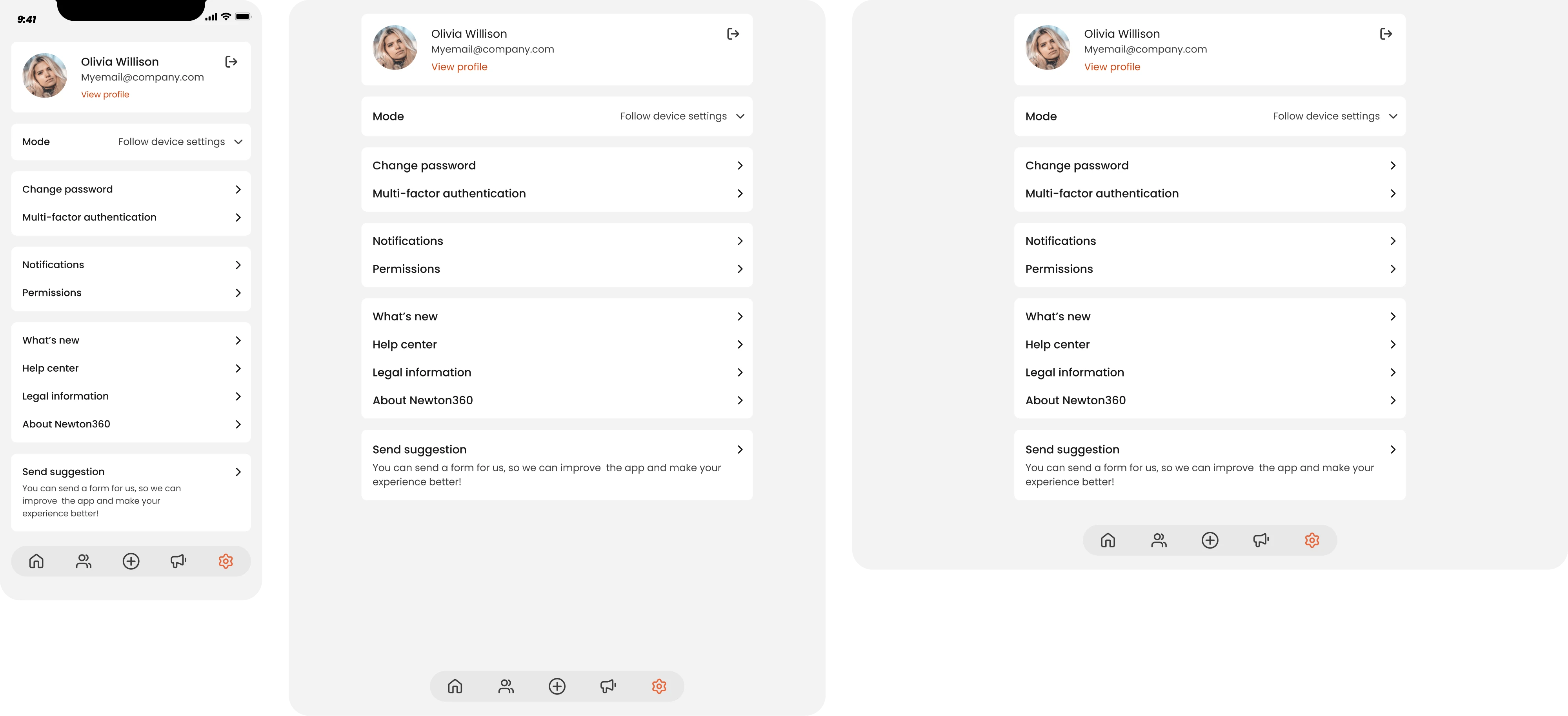 Consistent settings page UI on mobile, tablet, desktop 