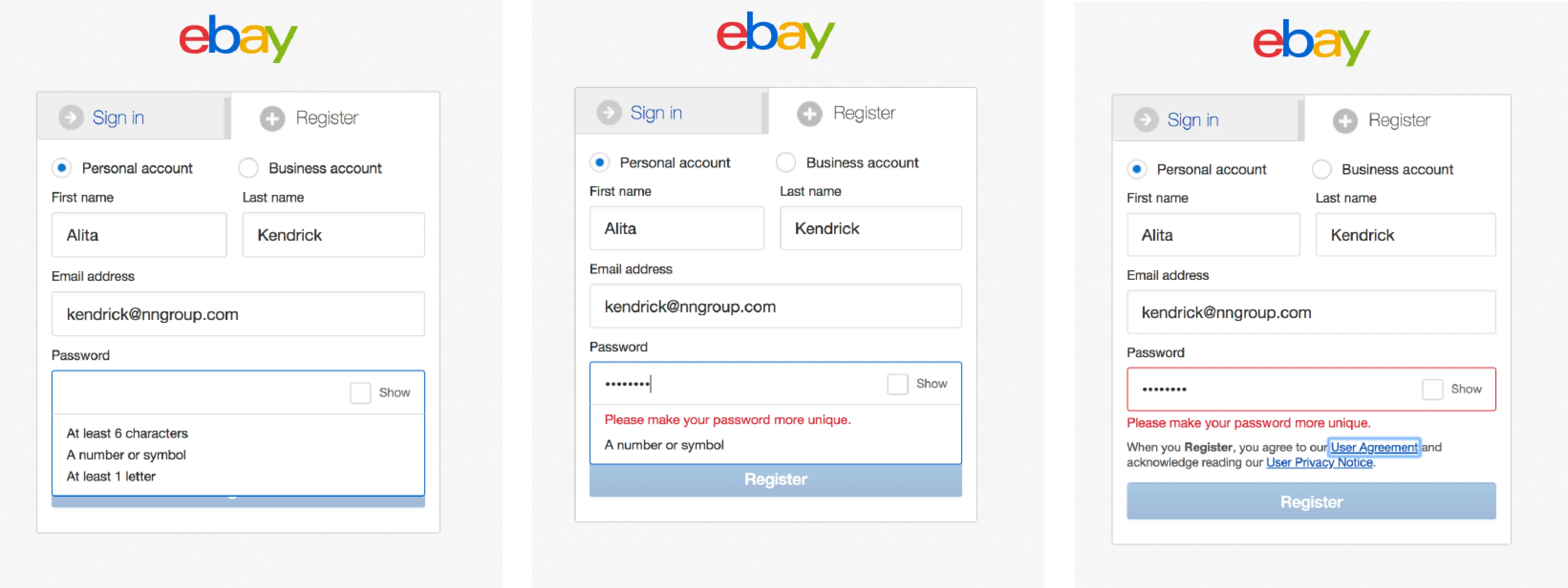 eBay's password requirements