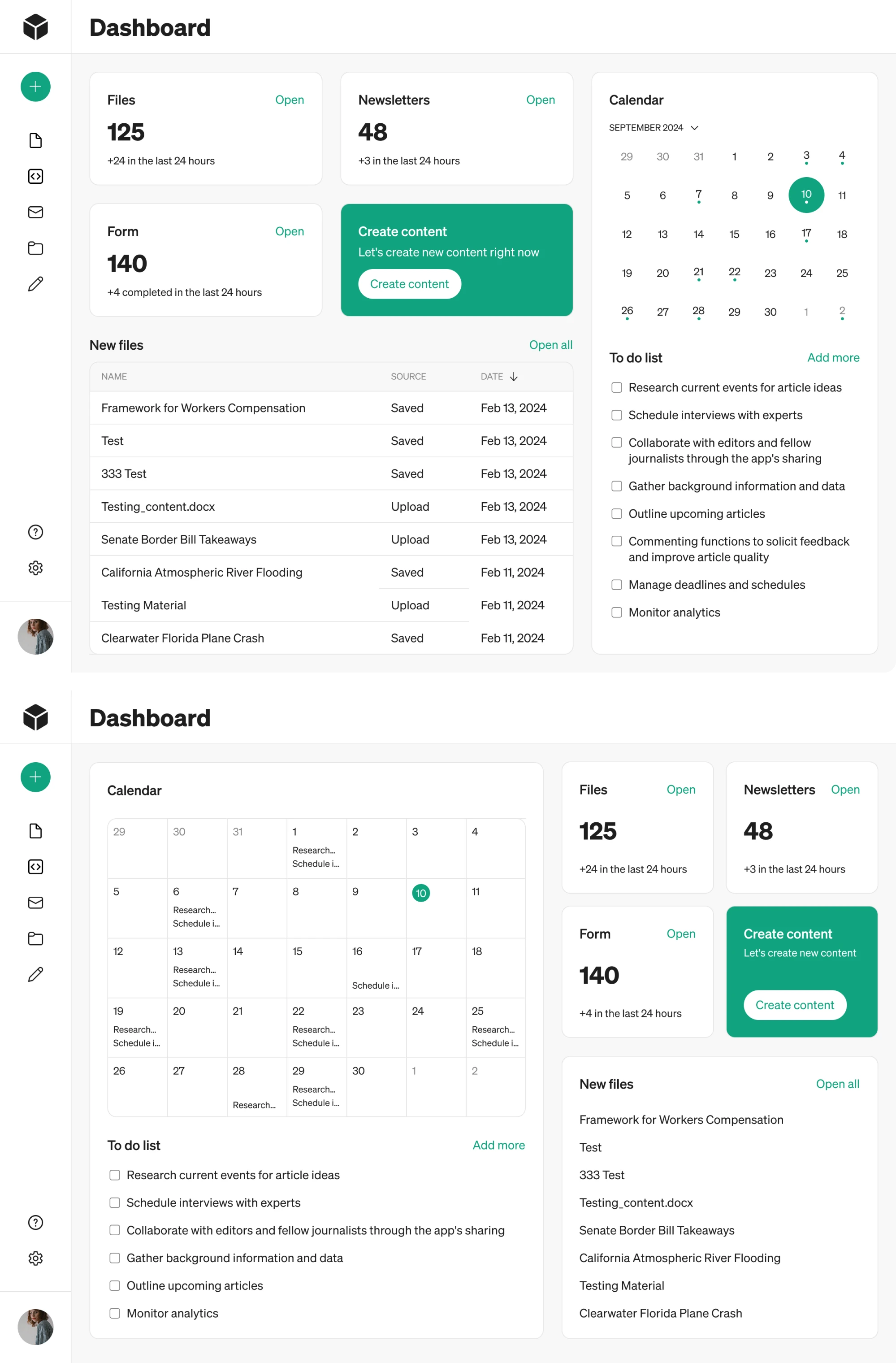 Dashboard design options for Modia