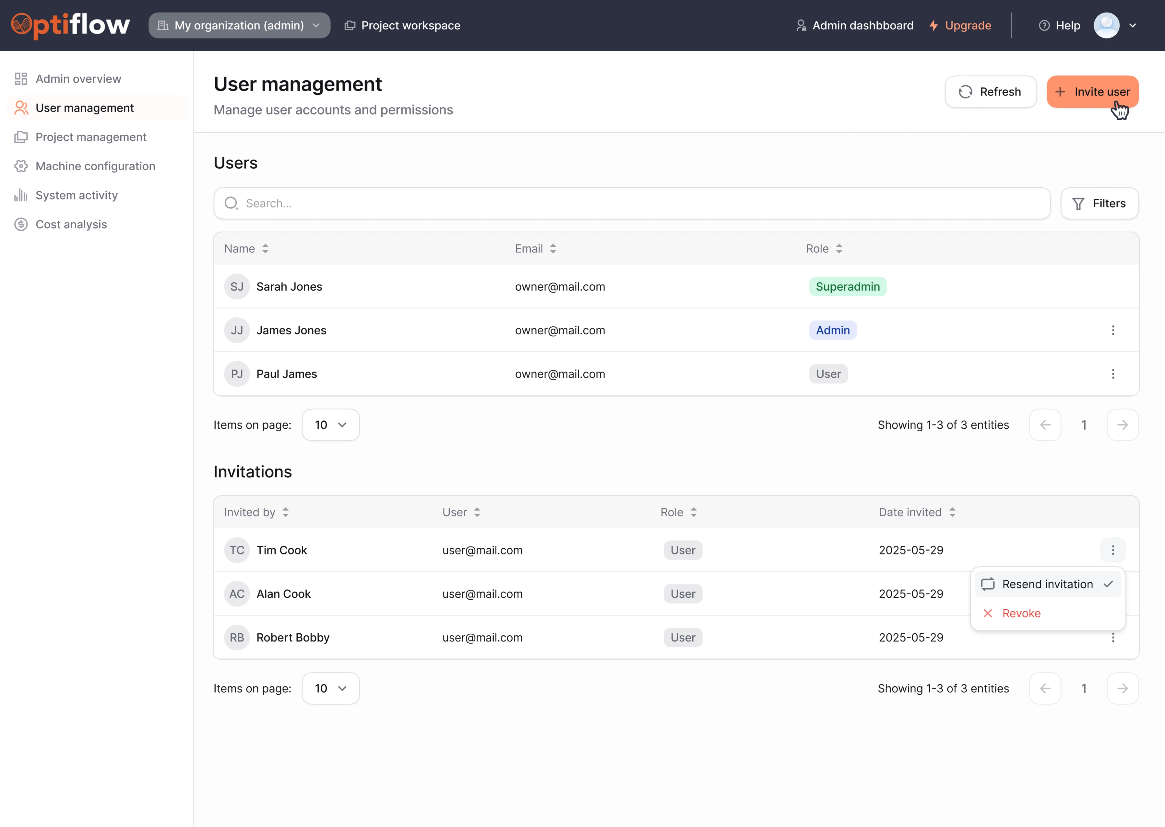 Admin dashboard for OptiFlow