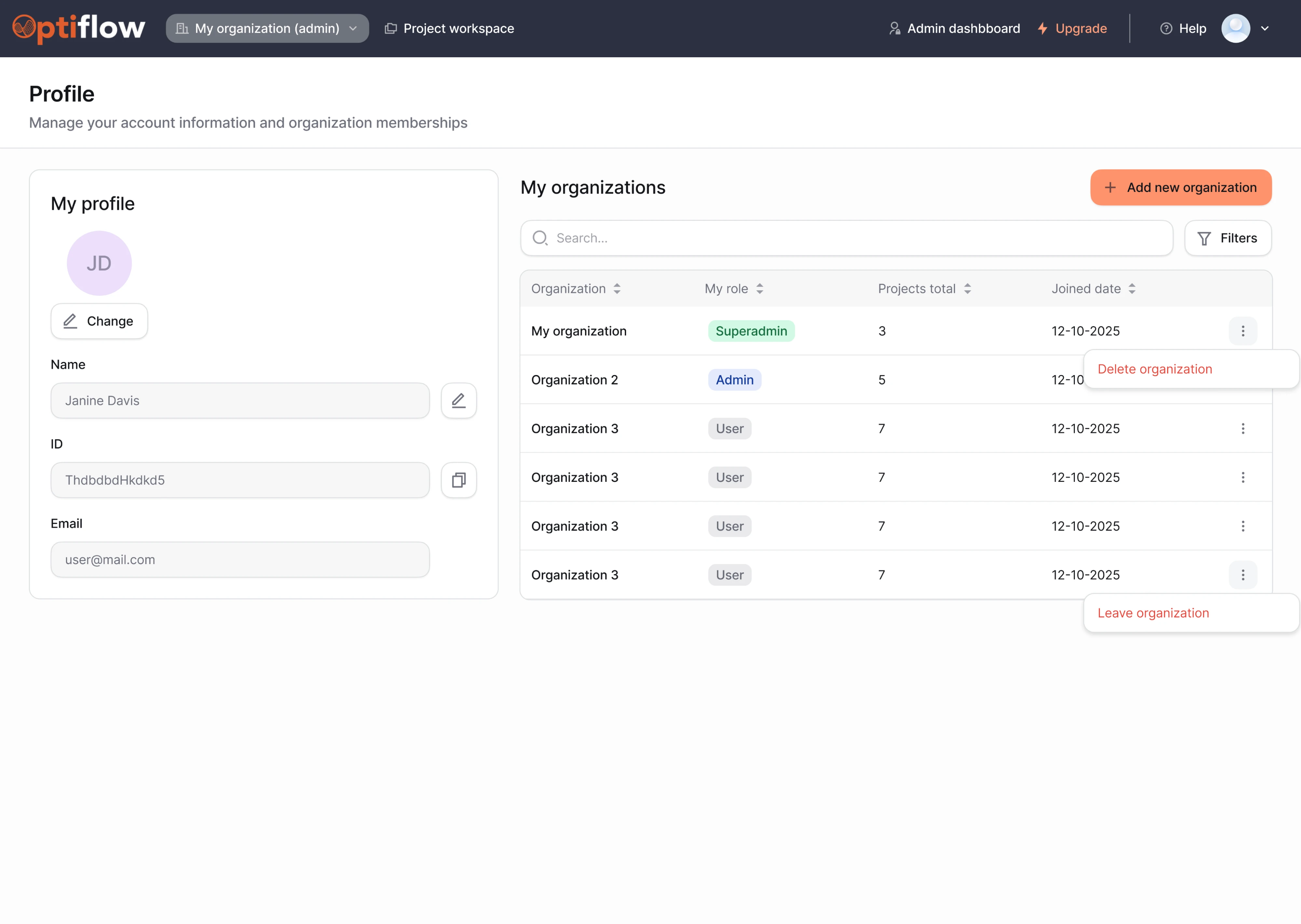 User dashboard for OptiFlow