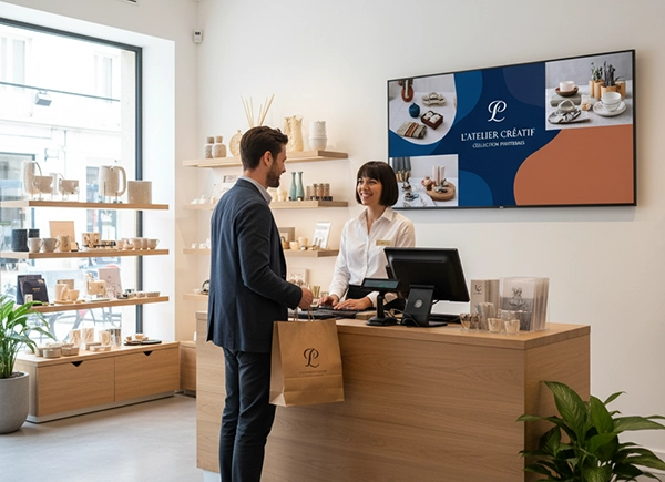 Un client avec un sac de boutique parle à une employée souriante derrière un comptoir en bois dans une boutique moderne de produits artisanaux. Un écran d'affichage dynamique se trouve derrière la caisse. 