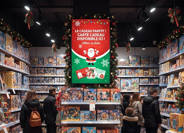 Intérieur d'un magasin de jouets avec des étagères remplies de jeux de société, un panneau lumineux de Noël avec père Noël et texte en français, et des clients regardant les produits.