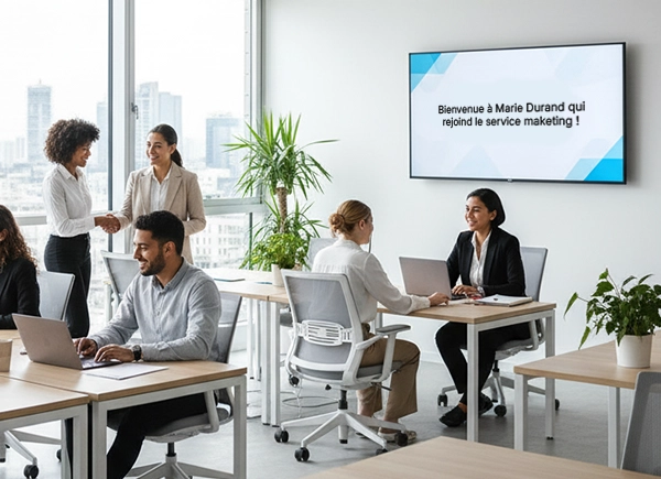 Bureau moderne avec des employés travaillant et discutant, écran affichant 'Bienvenue à Marie Durand qui rejoint le service marketing !'.