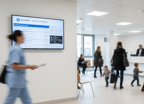 Personne en tenue soignante marchant dans un hall d'hôpital avec plusieurs patients et un écran affichant des informations en arrière-plan.