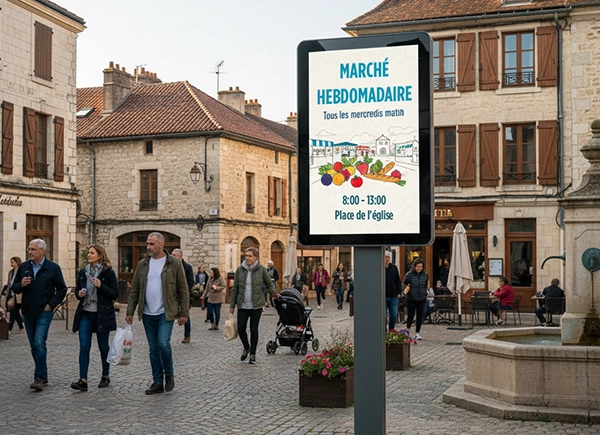 Place pavée animée avec plusieurs personnes marchant près de bâtiments en pierre, un panneau affiche une annonce pour un marché hebdomadaire les mercredis matins de 8h à 13h à la place de l'église.