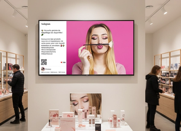 Publicité en magasin de cosmétiques montrant une femme blonde au fond rose avec un pinceau de maquillage près des lèvres, entourée de produits exposés.