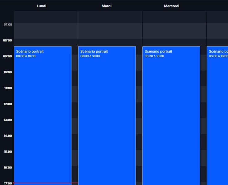 Planning hebdomadaire affichant un scénario portrait programmé de 8h30 à 18h00 du lundi au mercredi.