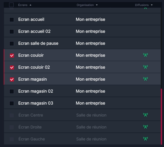 Interface d'une liste d'écrans d'entreprise avec des cases à cocher, certaines cochées en rouge, indiquant différents emplacements comme accueil, salle de pause, couloir et magasin.