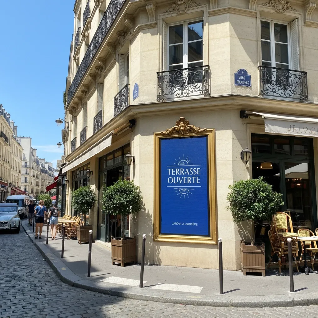 Façade d'un café parisien avec une grande affiche bleue indiquant « Terrasse ouverte » et des tables en terrasse sur un trottoir pavé.