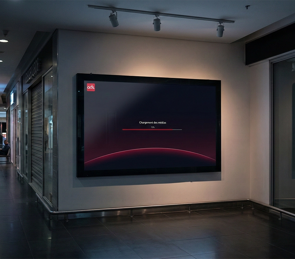 Grand écran mural dans un couloir d'immeuble affichant une barre de chargement à 72% avec le texte 'Chargement des médias'.