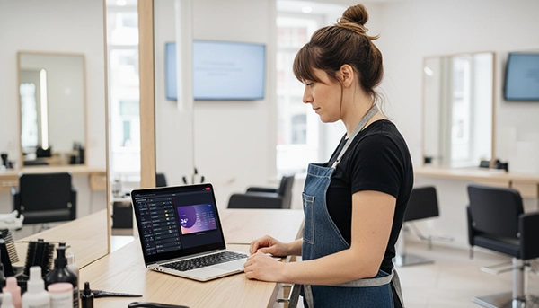 Jeune femme en tablier bleu utilisant un ordinateur portable dans un salon de coiffure moderne.