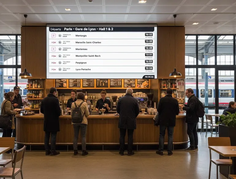 Interface montrant une liste de trois écrans nommés Centre, Droite, et Gauche avec leurs licences, programme national actif, statut de diffusion et état connecté ou hors-ligne.