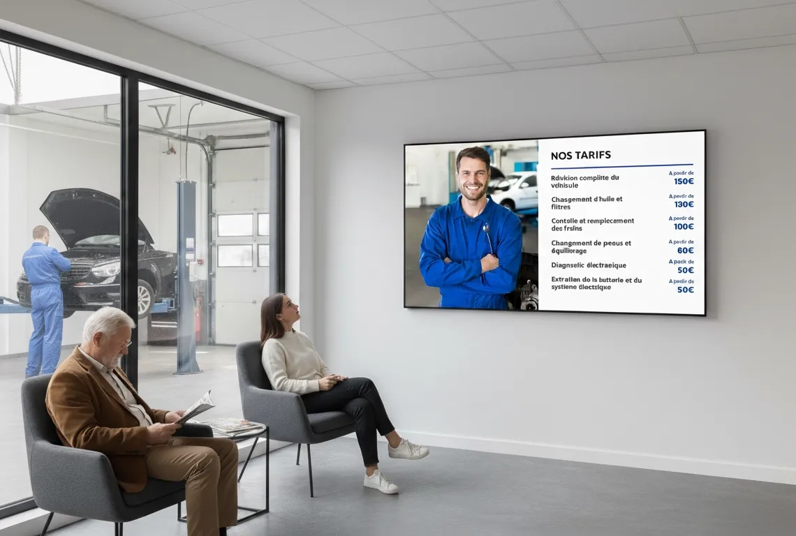 Salle d'attente d'un garage avec deux personnes assises et un mécanicien travaillant sur une voiture en arrière-plan; un écran affiche une liste de tarifs de services automobiles avec photo d'un technicien souriant.