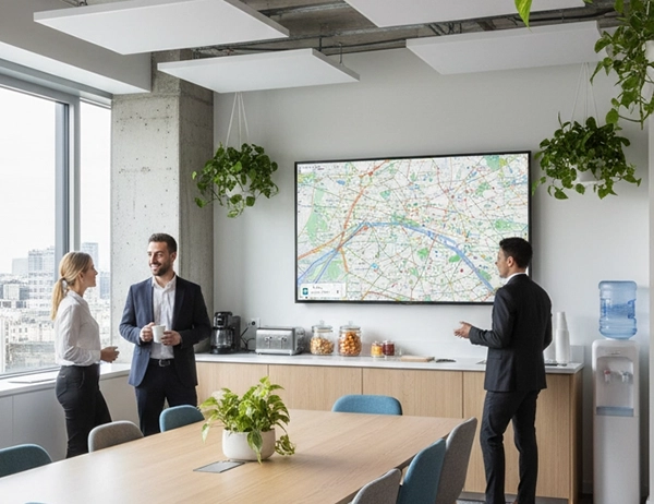 Trois personnes en tenue professionnelle discutant dans une salle de réunion moderne avec une grande carte affichée sur un écran mural.