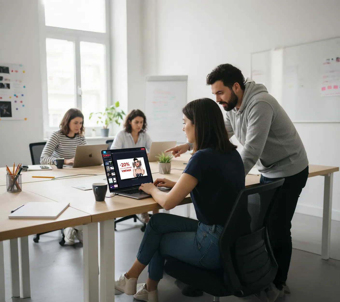 Deux collègues collaborent sur un ordinateur portable montrant une publicité avec une promotion de -20% vintage dans un bureau moderne.