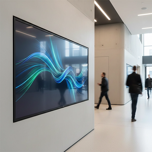 Écran mural affichant un motif abstrait de lignes ondulées bleues et vertes dans un couloir moderne avec des personnes floues en mouvement.