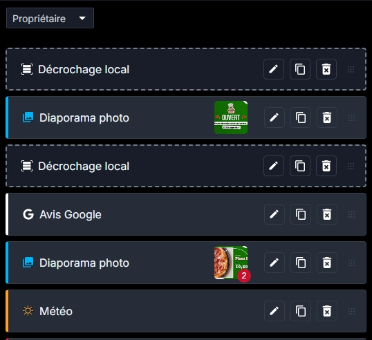 Interface utilisateur montrant une liste de widgets avec des options pour éditer, copier ou supprimer, y compris des éléments comme Décrochage local, Diaporama photo, Avis Google et Météo.