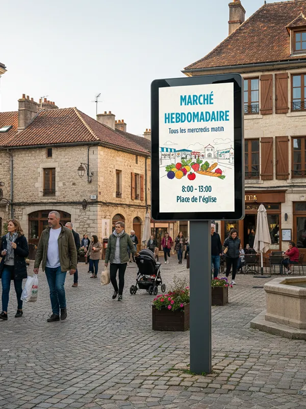 Interface montrant une liste de trois écrans nommés Centre, Droite, et Gauche avec leurs licences, programme national actif, statut de diffusion et état connecté ou hors-ligne.