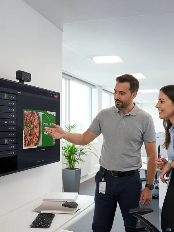 Interface montrant une liste de trois écrans nommés Centre, Droite, et Gauche avec leurs licences, programme national actif, statut de diffusion et état connecté ou hors-ligne.